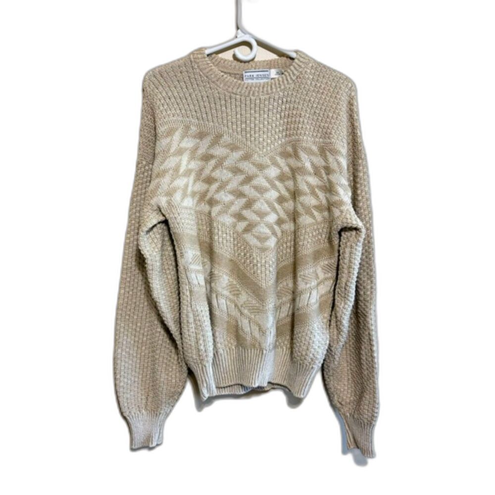 Vintage Park Jensen Mens L Beige Geometric Cotton Crewneck Sweater USA Made